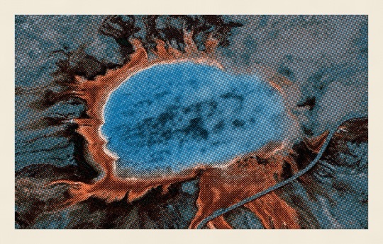 Overprint: a photograph printed as a three-colour risograph halftone